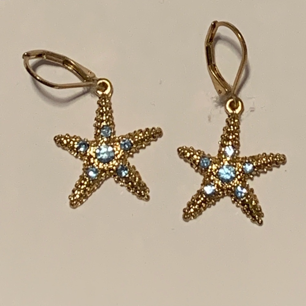 Gold Starfish Earrings with Blue Rhinestone Accents